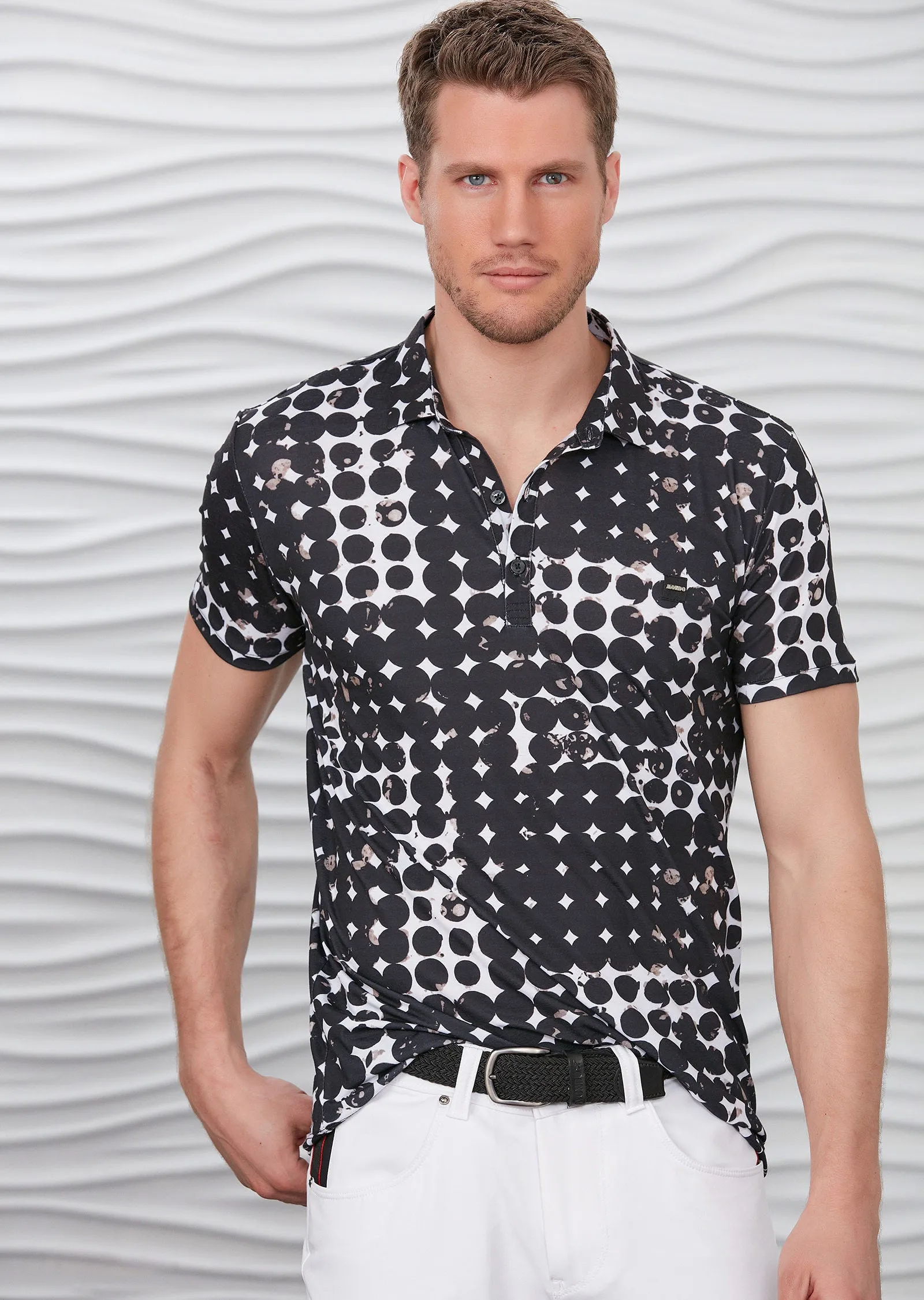 Black White Polkadot Print Polo