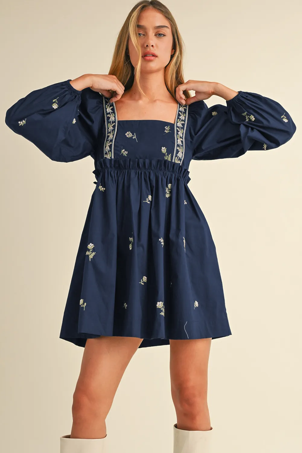 Blue Zone Planet |  Blue Floral Embroidered Puff Sleeve Babydoll Dress