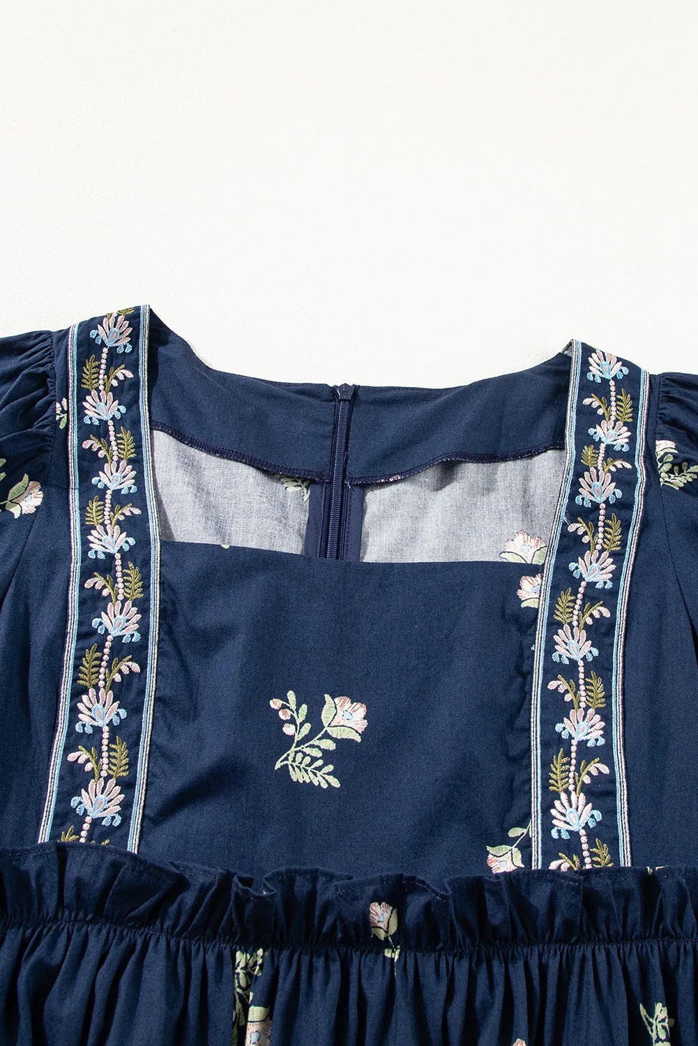 Blue Zone Planet |  Blue Floral Embroidered Puff Sleeve Babydoll Dress