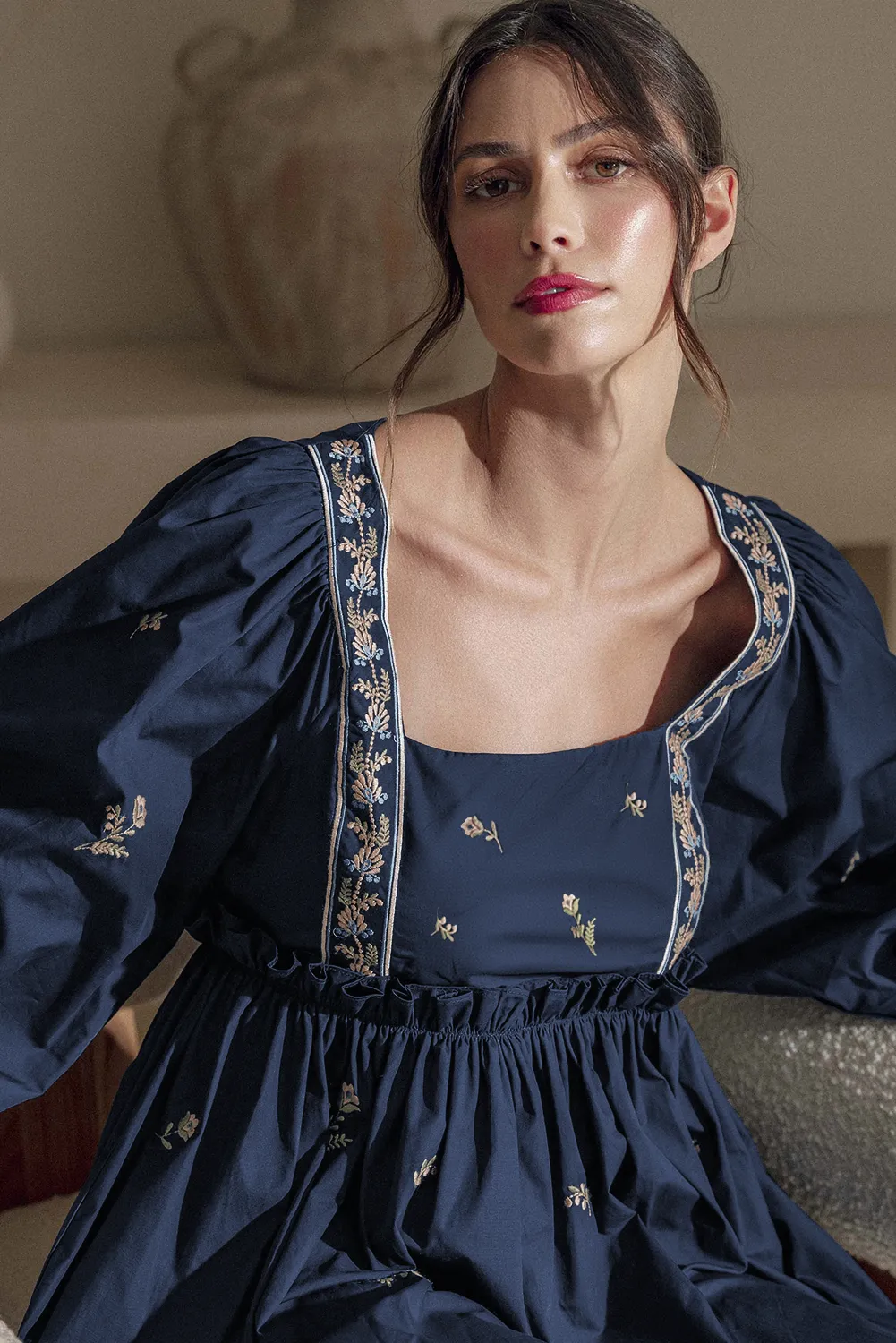 Blue Zone Planet |  Blue Floral Embroidered Puff Sleeve Babydoll Dress