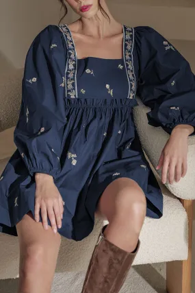 Blue Zone Planet |  Blue Floral Embroidered Puff Sleeve Babydoll Dress