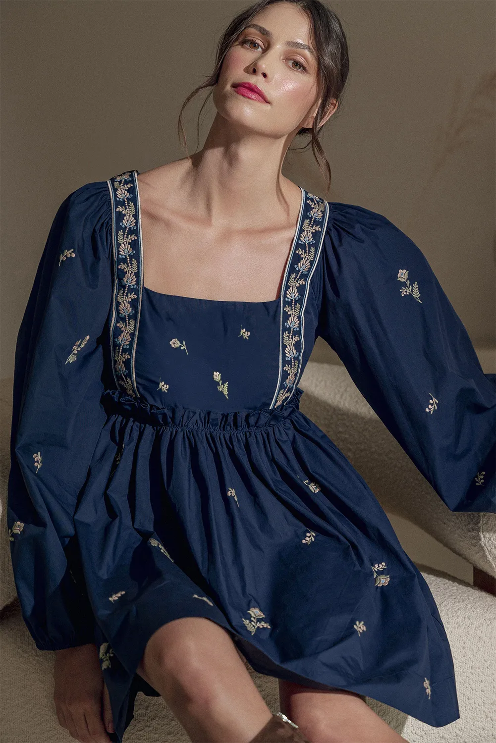 Blue Zone Planet |  Blue Floral Embroidered Puff Sleeve Babydoll Dress