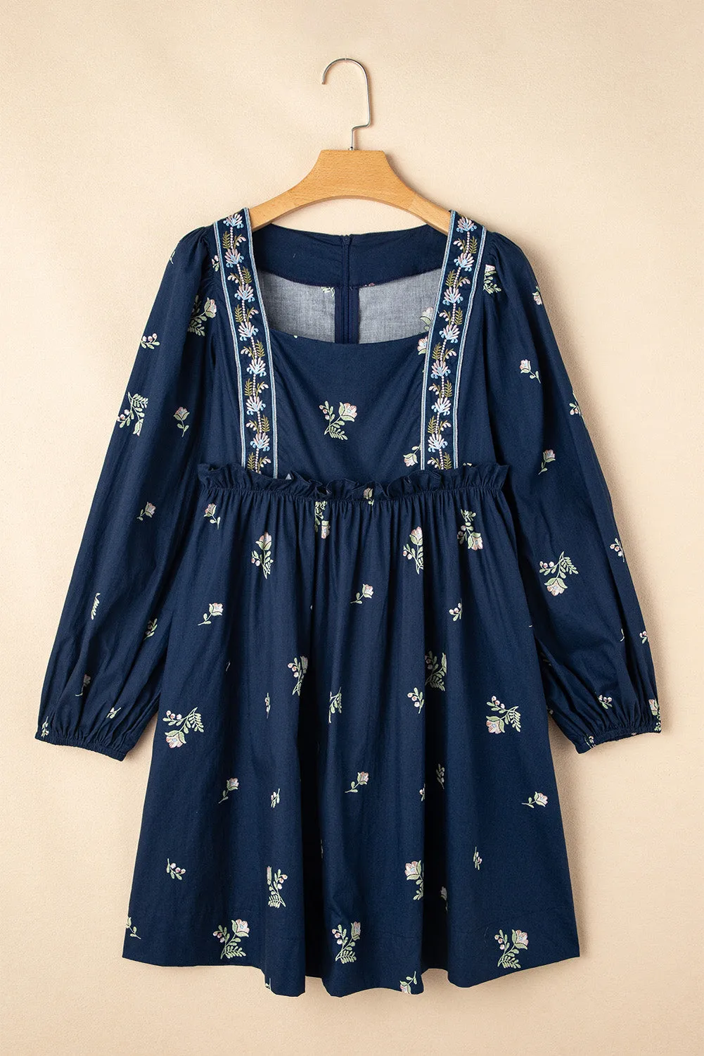 Blue Zone Planet |  Blue Floral Embroidered Puff Sleeve Babydoll Dress