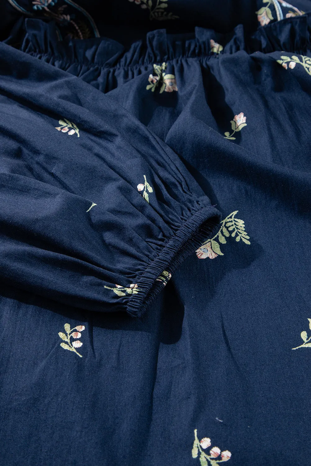 Blue Zone Planet |  Blue Floral Embroidered Puff Sleeve Babydoll Dress