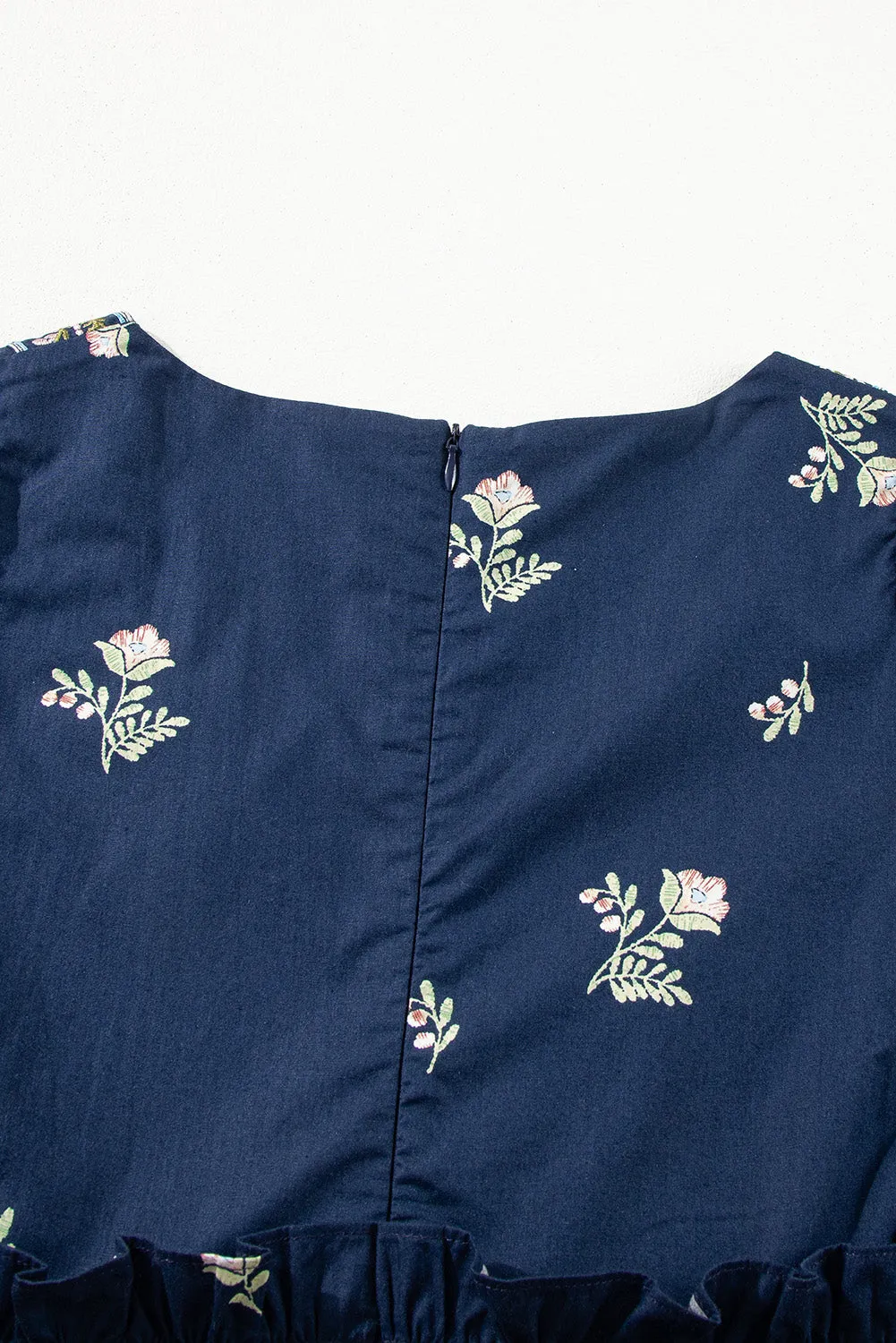 Blue Zone Planet |  Blue Floral Embroidered Puff Sleeve Babydoll Dress