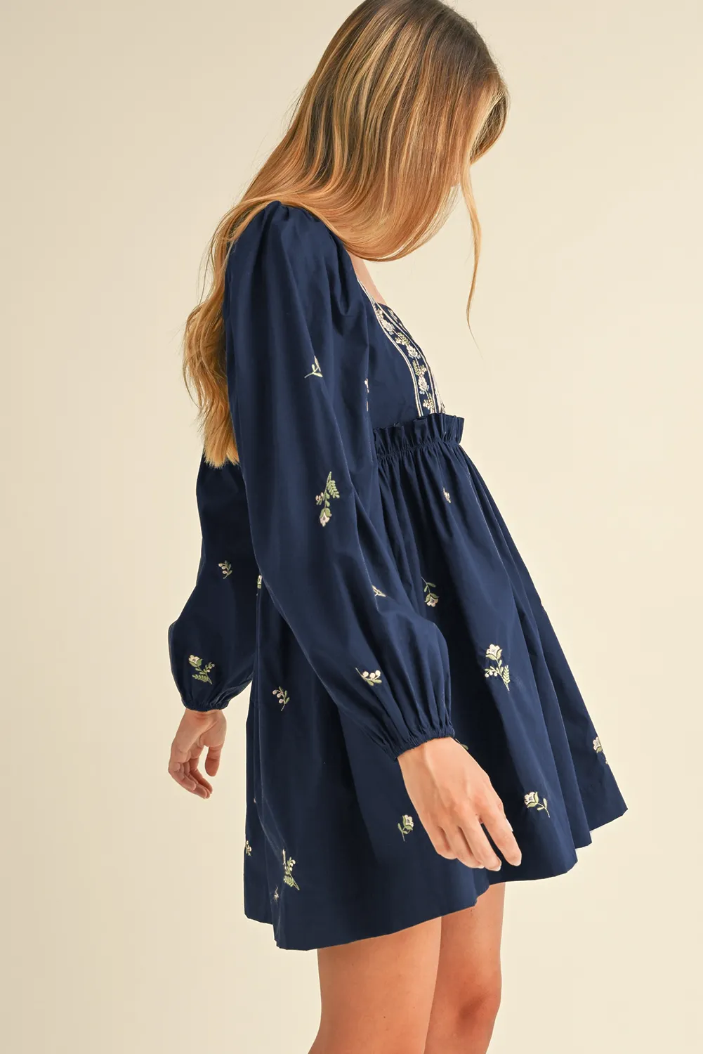 Blue Zone Planet |  Blue Floral Embroidered Puff Sleeve Babydoll Dress