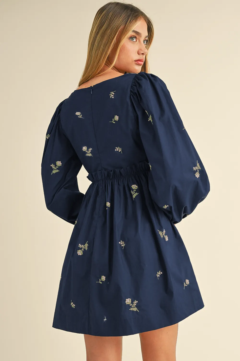 Blue Zone Planet |  Blue Floral Embroidered Puff Sleeve Babydoll Dress