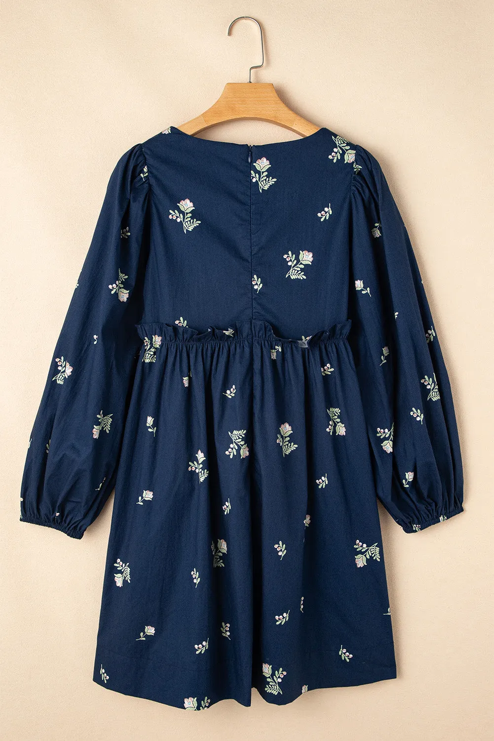 Blue Zone Planet |  Blue Floral Embroidered Puff Sleeve Babydoll Dress
