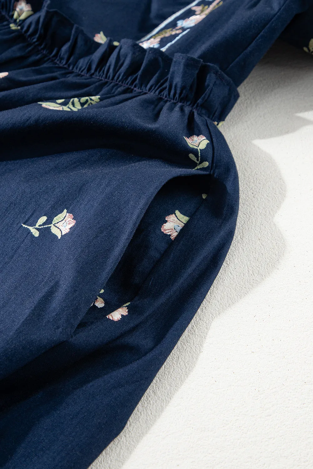 Blue Zone Planet |  Blue Floral Embroidered Puff Sleeve Babydoll Dress