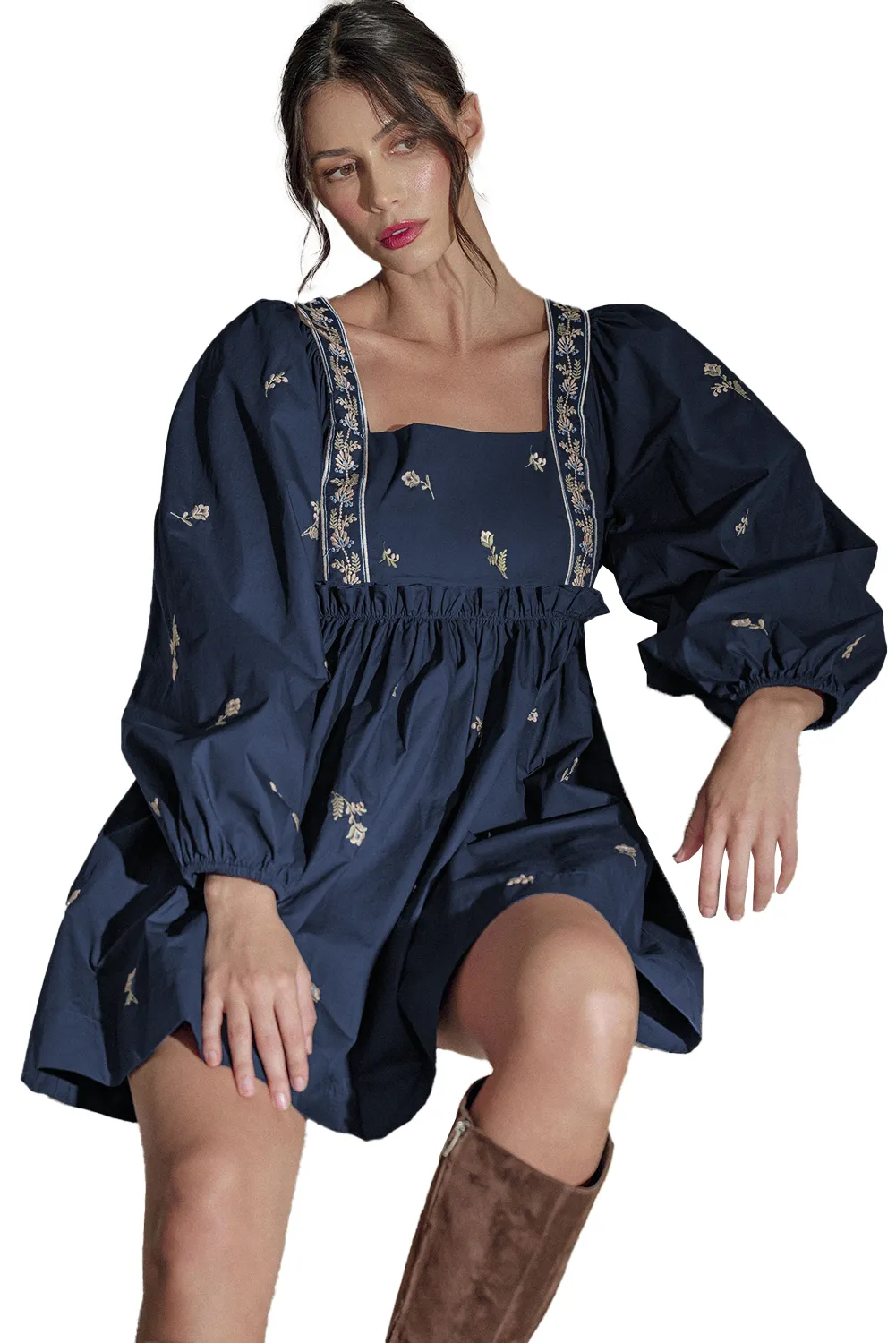 Blue Zone Planet |  Blue Floral Embroidered Puff Sleeve Babydoll Dress
