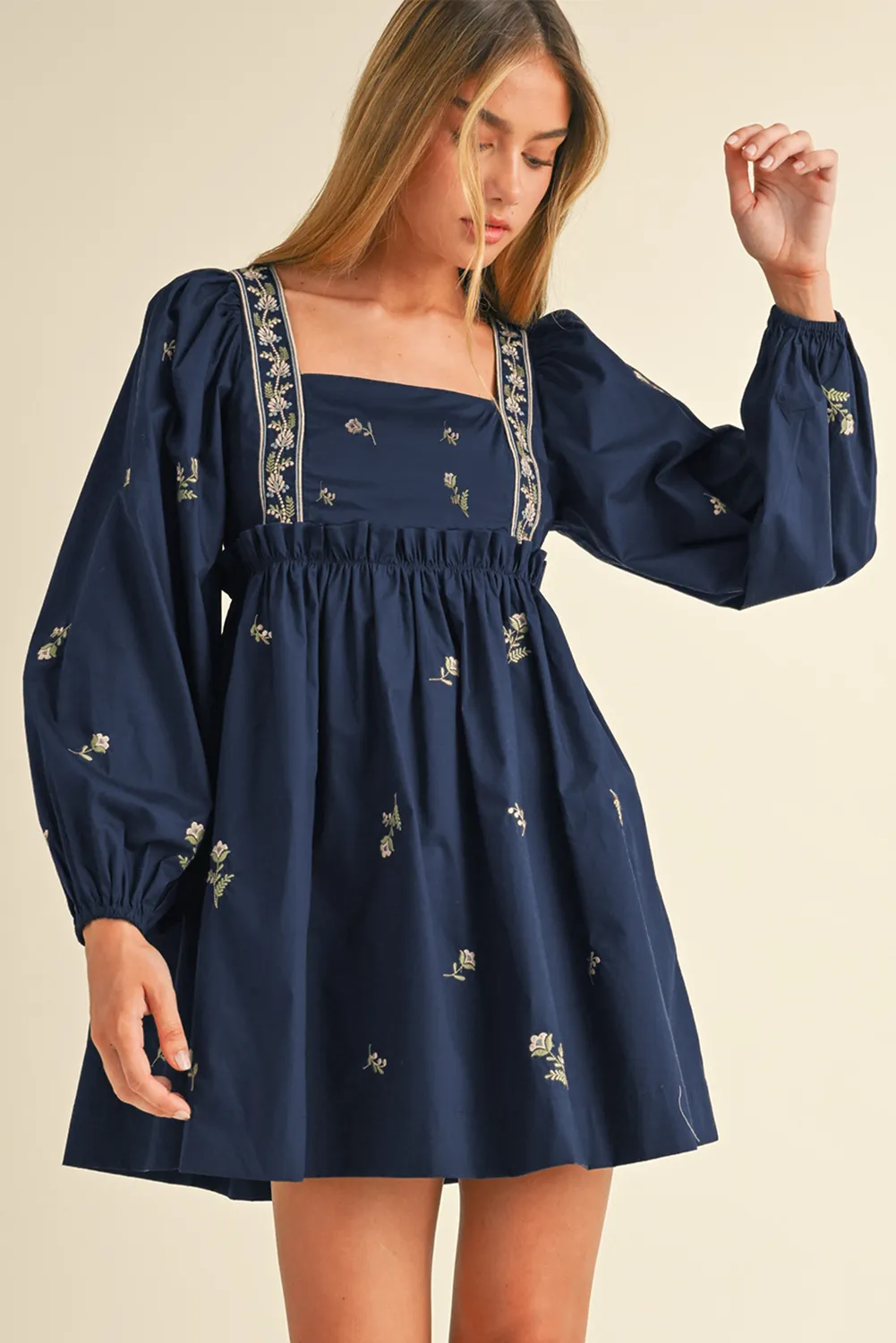 Blue Zone Planet |  Blue Floral Embroidered Puff Sleeve Babydoll Dress
