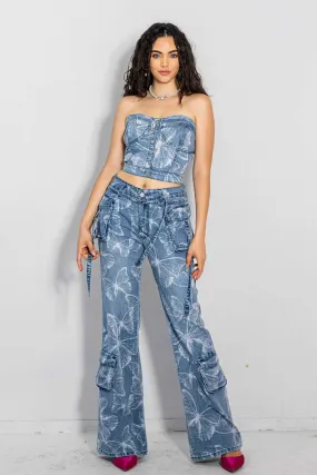 Butterfly Gradient Print Volume Flare Cargo Jeans