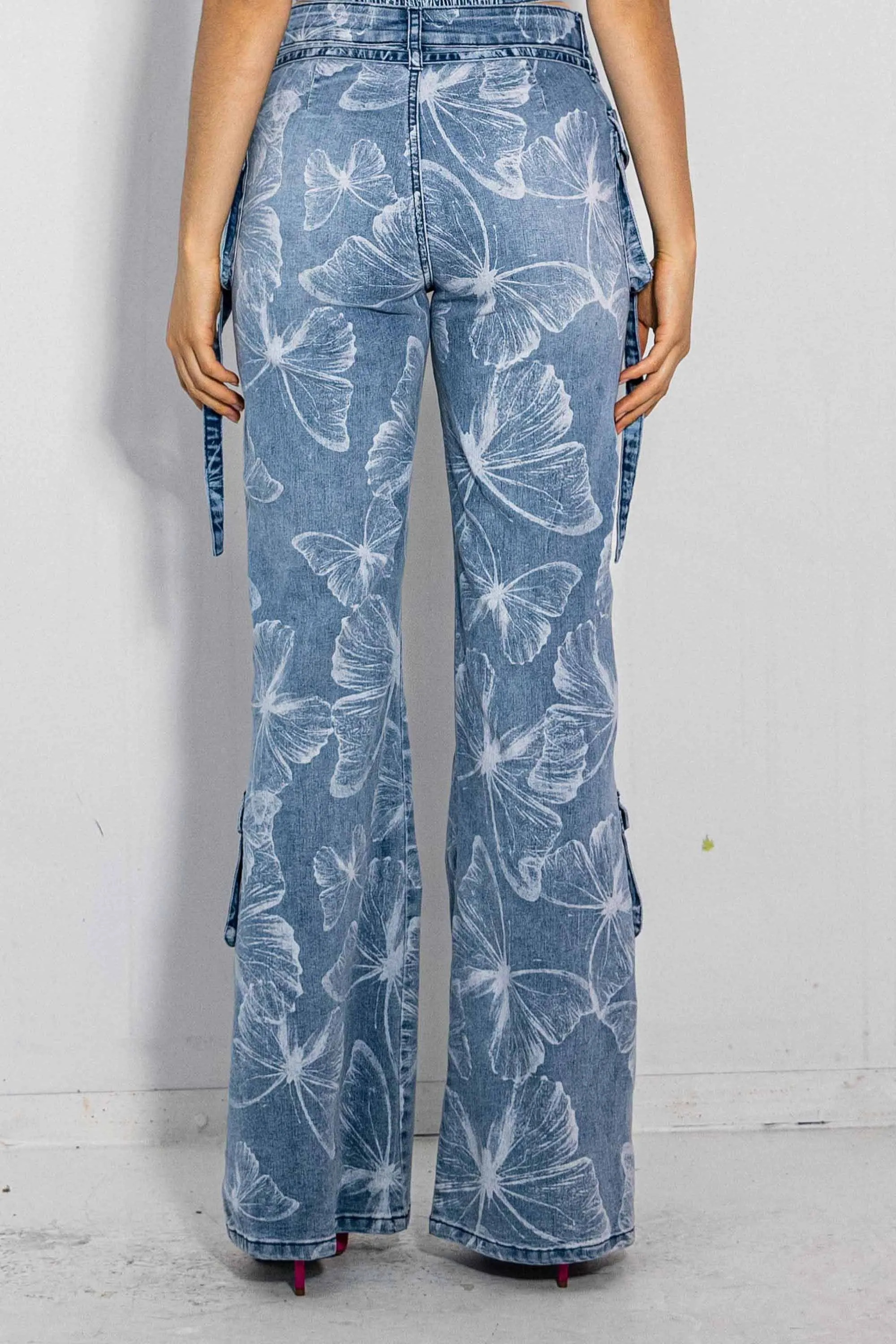 Butterfly Gradient Print Volume Flare Cargo Jeans