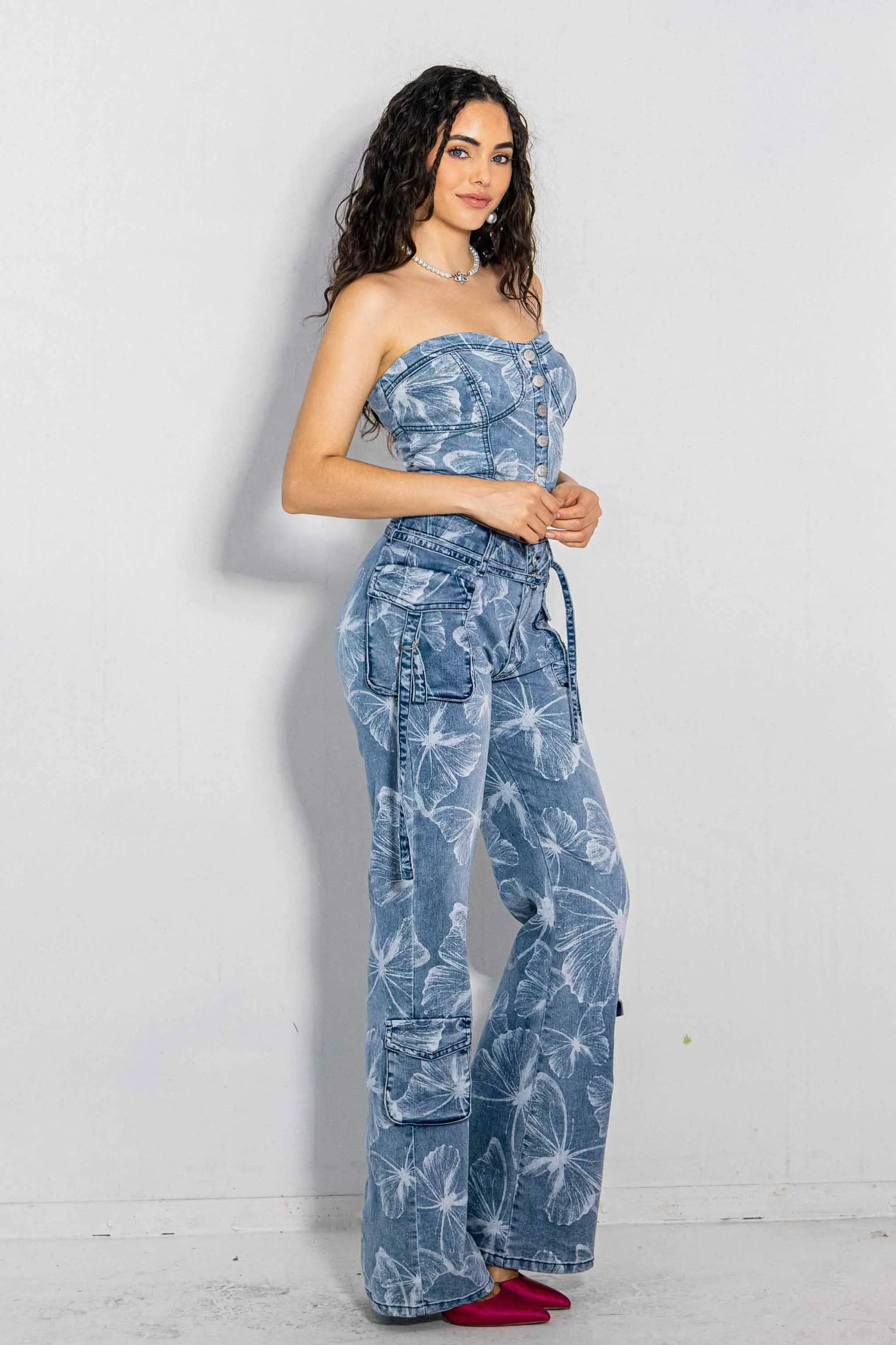Butterfly Gradient Print Volume Flare Cargo Jeans