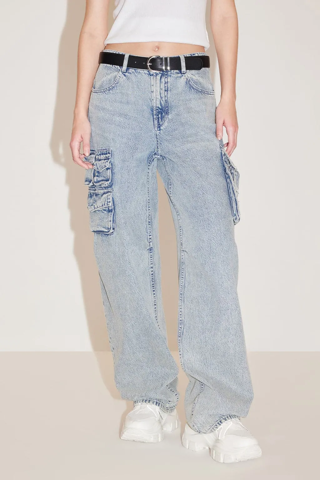 Cargo Style Pockets Straight Jeans