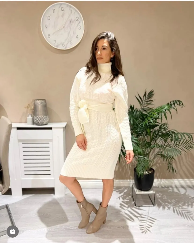 Carla Chunky Knit Creme  Roll Over Neck Jumper Dress with Belt