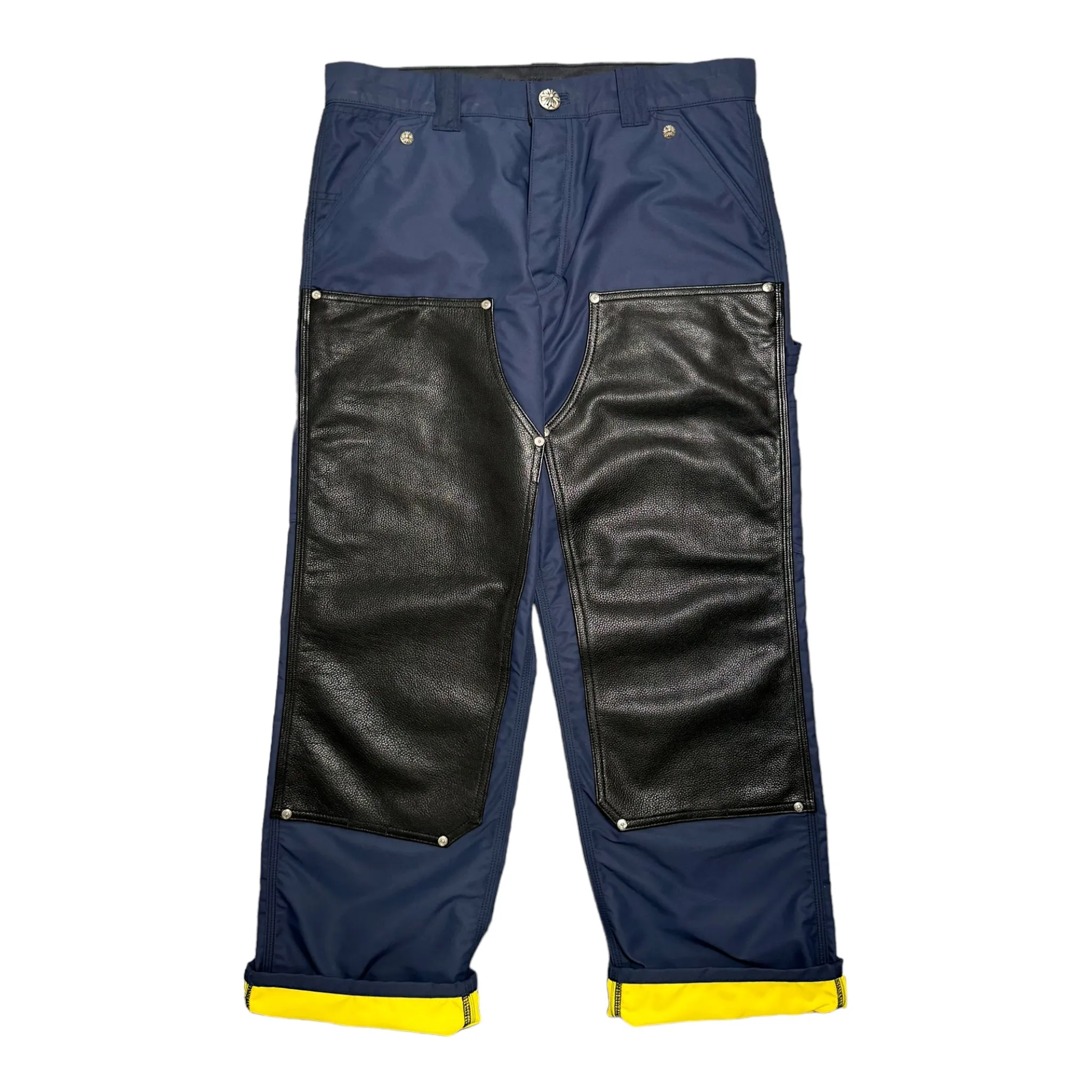Chrome Hearts Leather Double Knee Nylon Carpenter Pants Navy Blue Yellow