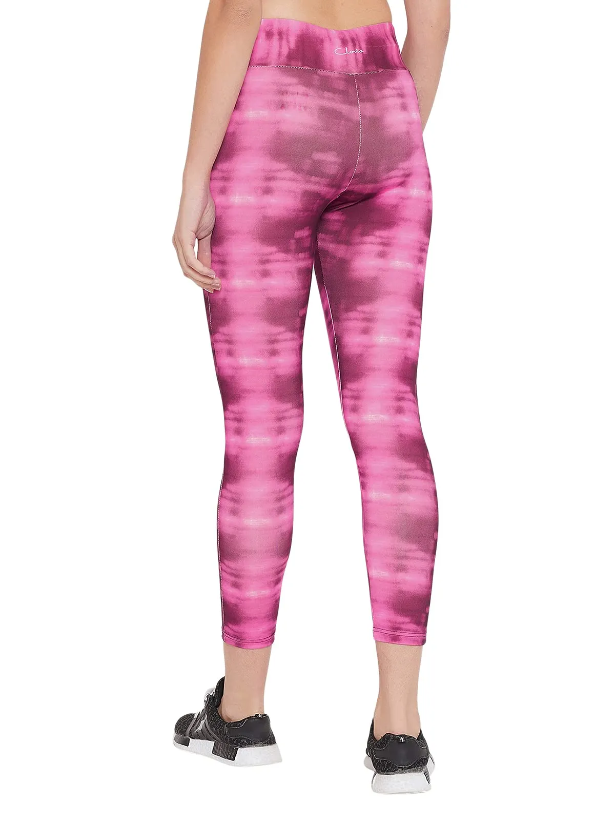 Clovia Women's Slim Fit Polyester Activewear Ankle Length Printed Sports Tights (AB0042P22_Pink_M)