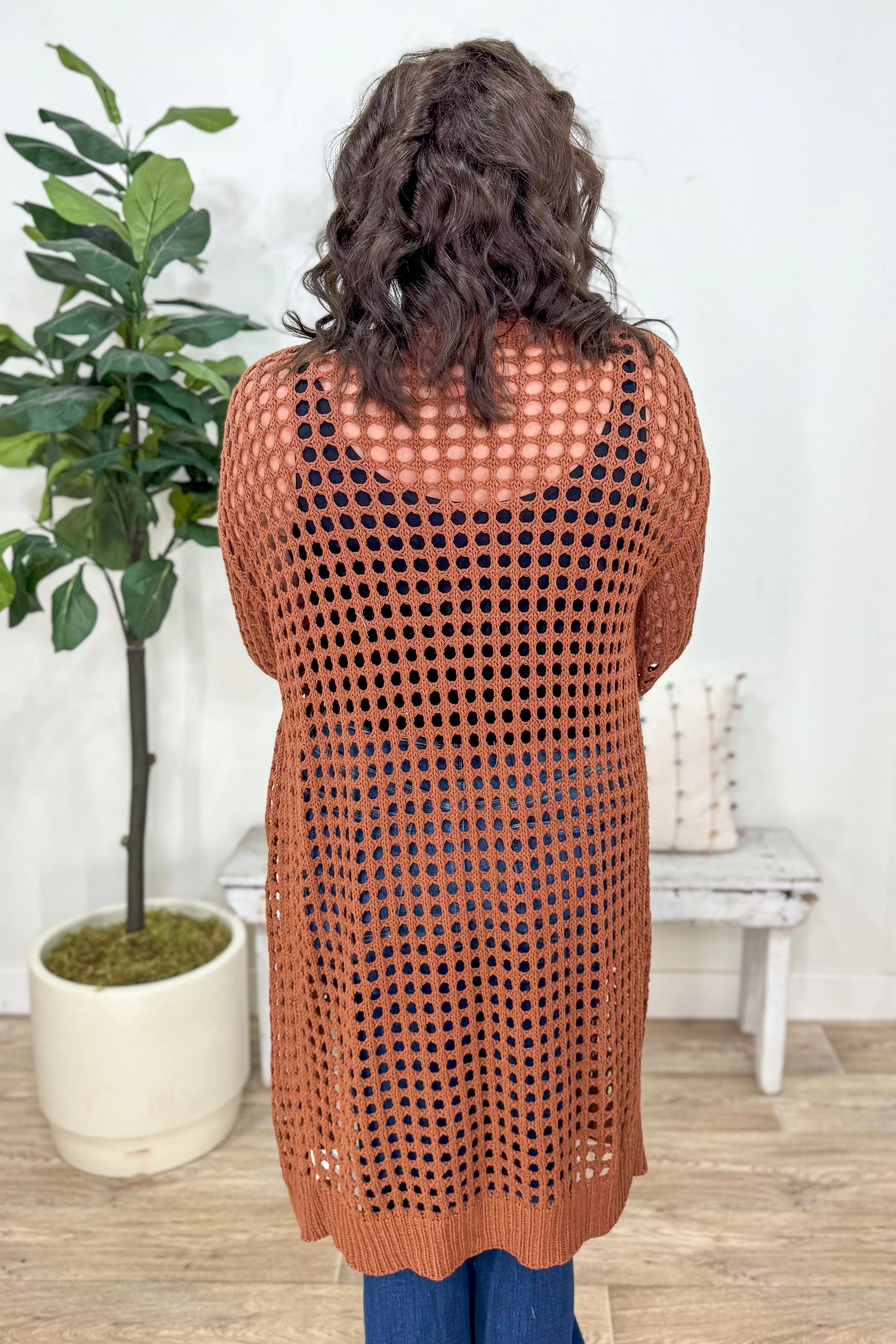 Cognac Enya Long Crochet Cardigan