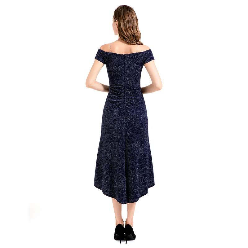 D018 Women solid metallic knit off shoulder short sleeves asymmetric hem midi party dress