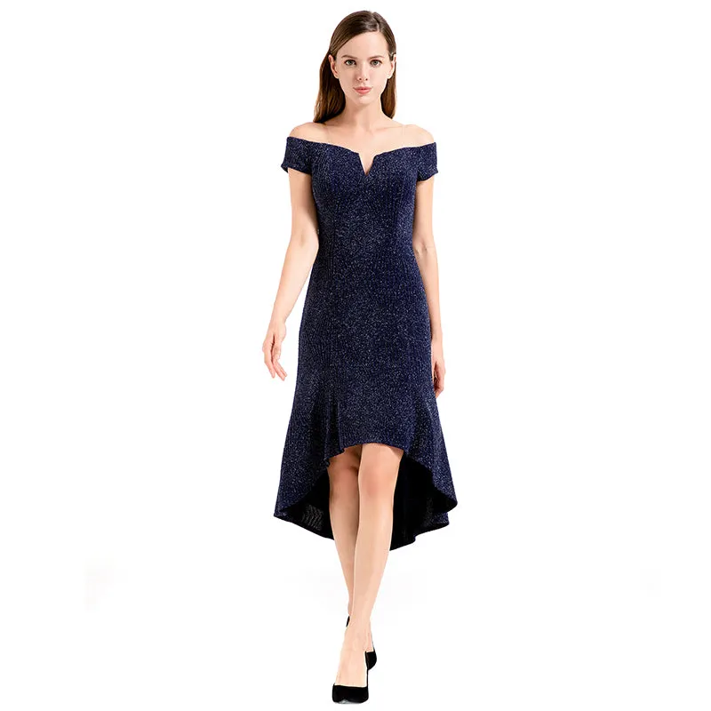 D018 Women solid metallic knit off shoulder short sleeves asymmetric hem midi party dress