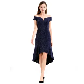 D018 Women solid metallic knit off shoulder short sleeves asymmetric hem midi party dress