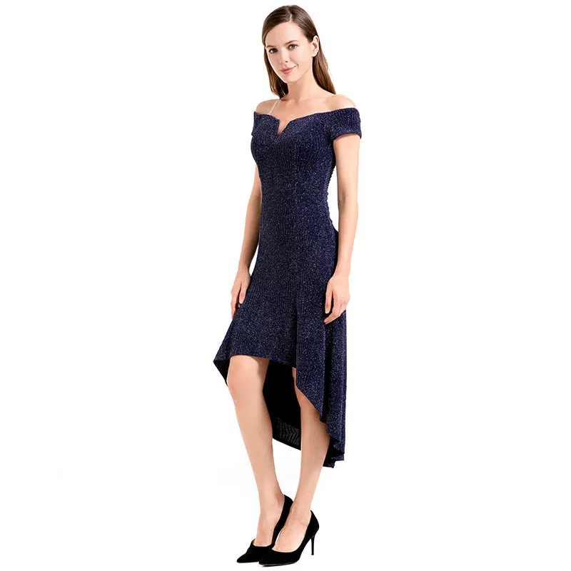 D018 Women solid metallic knit off shoulder short sleeves asymmetric hem midi party dress