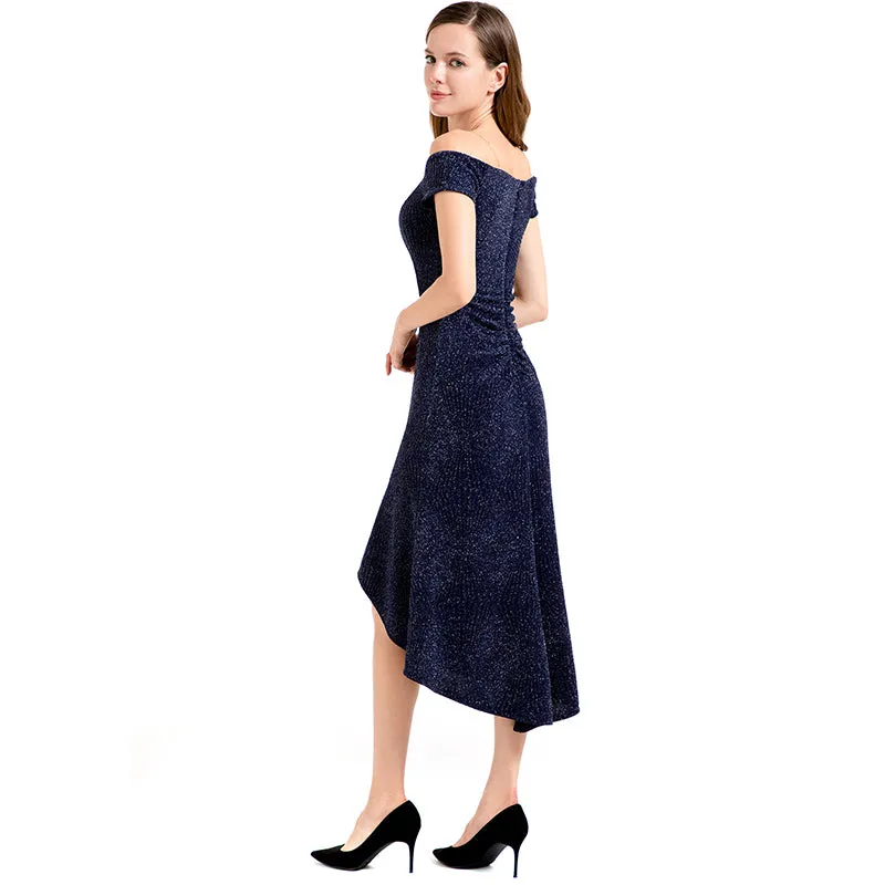 D018 Women solid metallic knit off shoulder short sleeves asymmetric hem midi party dress