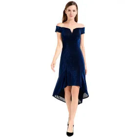 D021 Women semi-sheer metallic knit off shoulder short sleeves asymmetric hem midi party dress