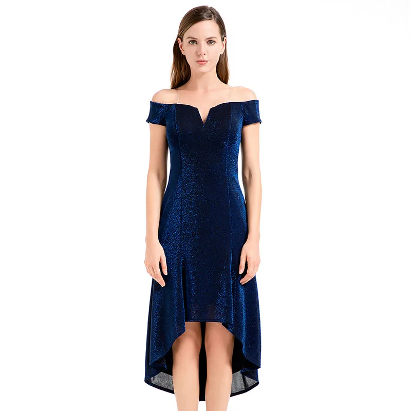 D021 Women semi-sheer metallic knit off shoulder short sleeves asymmetric hem midi party dress