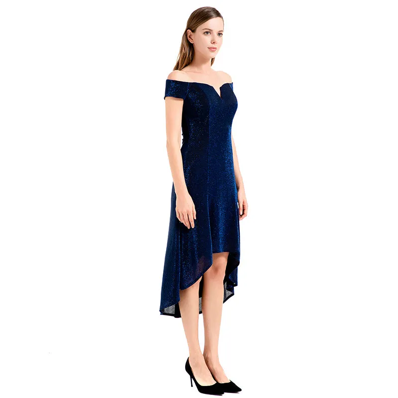 D021 Women semi-sheer metallic knit off shoulder short sleeves asymmetric hem midi party dress