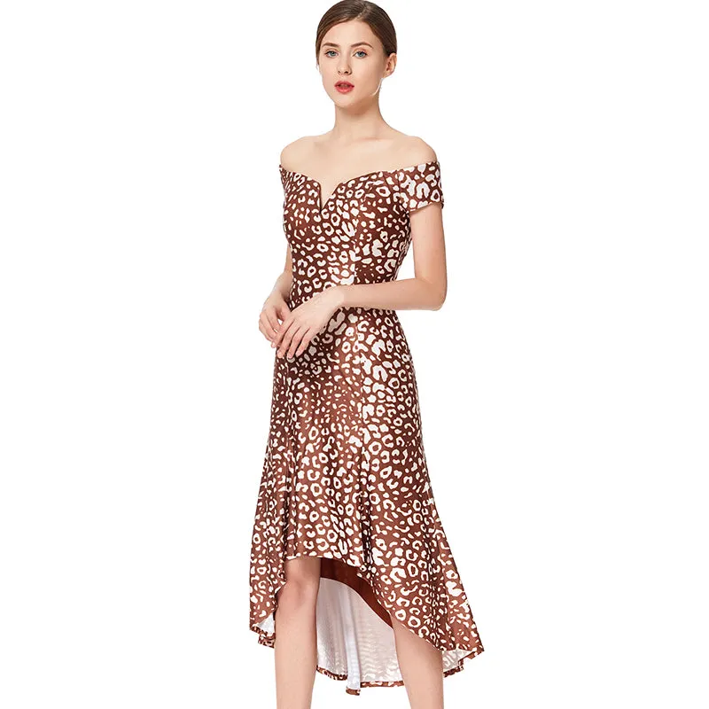 D024 Women animal print off shoulder short sleeves asymmetric hem midi party dress