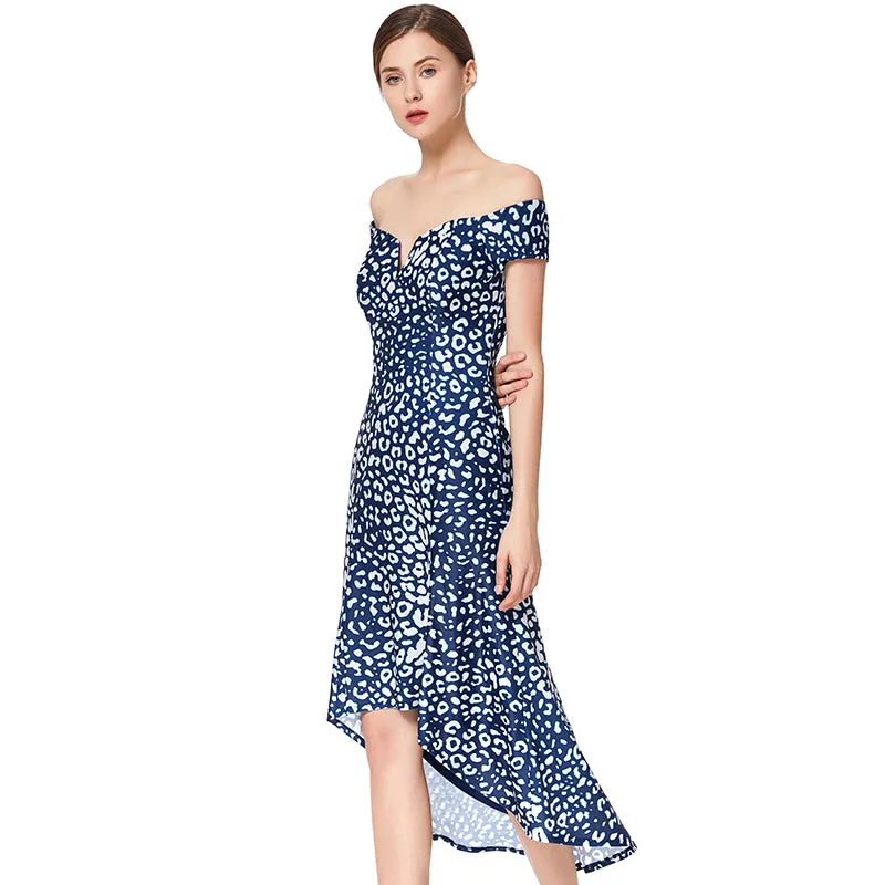 D024 Women animal print off shoulder short sleeves asymmetric hem midi party dress