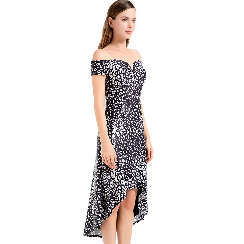 D024 Women animal print off shoulder short sleeves asymmetric hem midi party dress