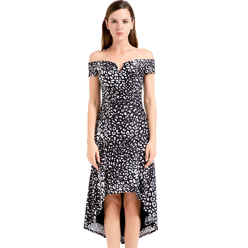 D024 Women animal print off shoulder short sleeves asymmetric hem midi party dress