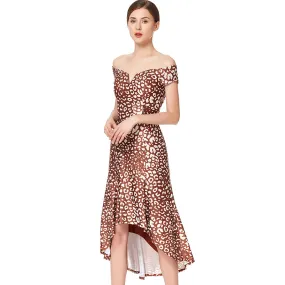 D024 Women animal print off shoulder short sleeves asymmetric hem midi party dress