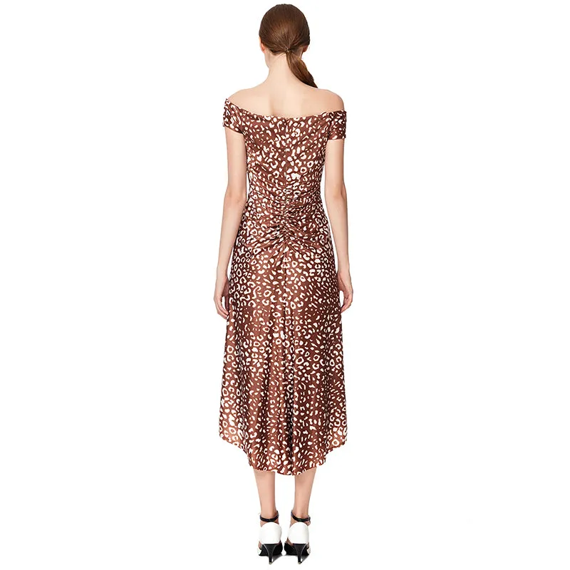 D024 Women animal print off shoulder short sleeves asymmetric hem midi party dress