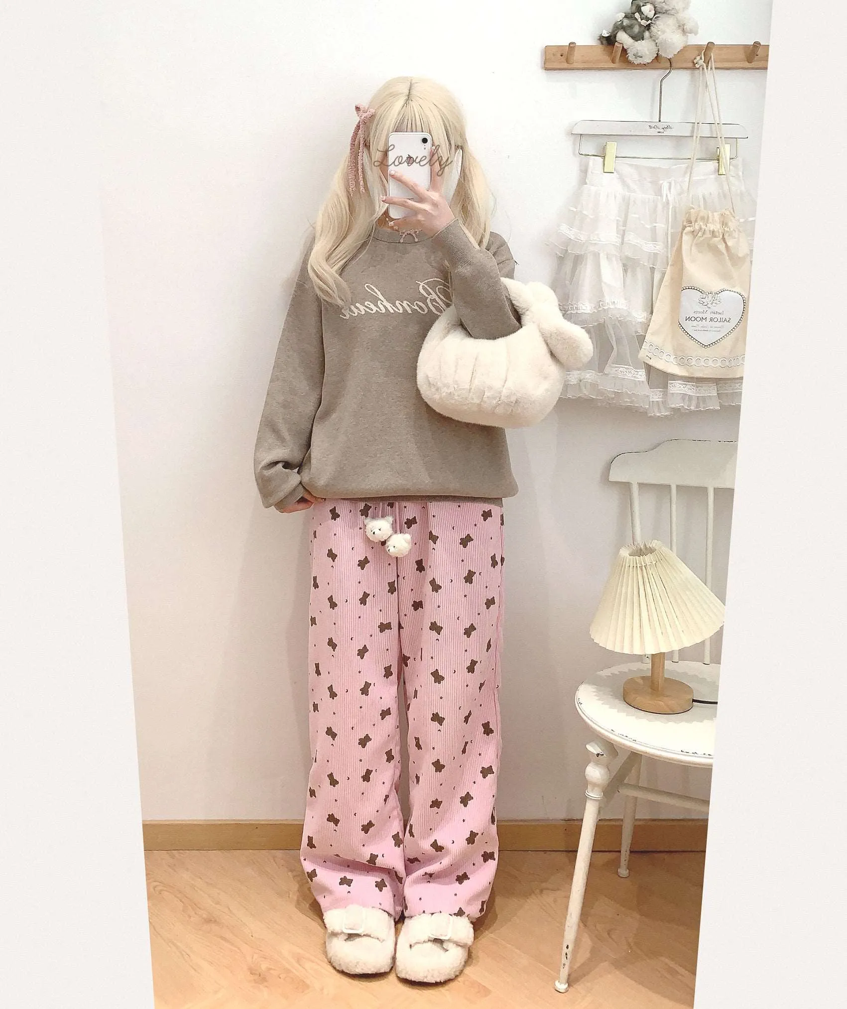 Dormir Doll Bear Cookie Print Corduroy Cream Pink Elastic Waist Pants