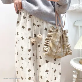 Dormir Doll Bear Cookie Print Corduroy Cream Pink Elastic Waist Pants