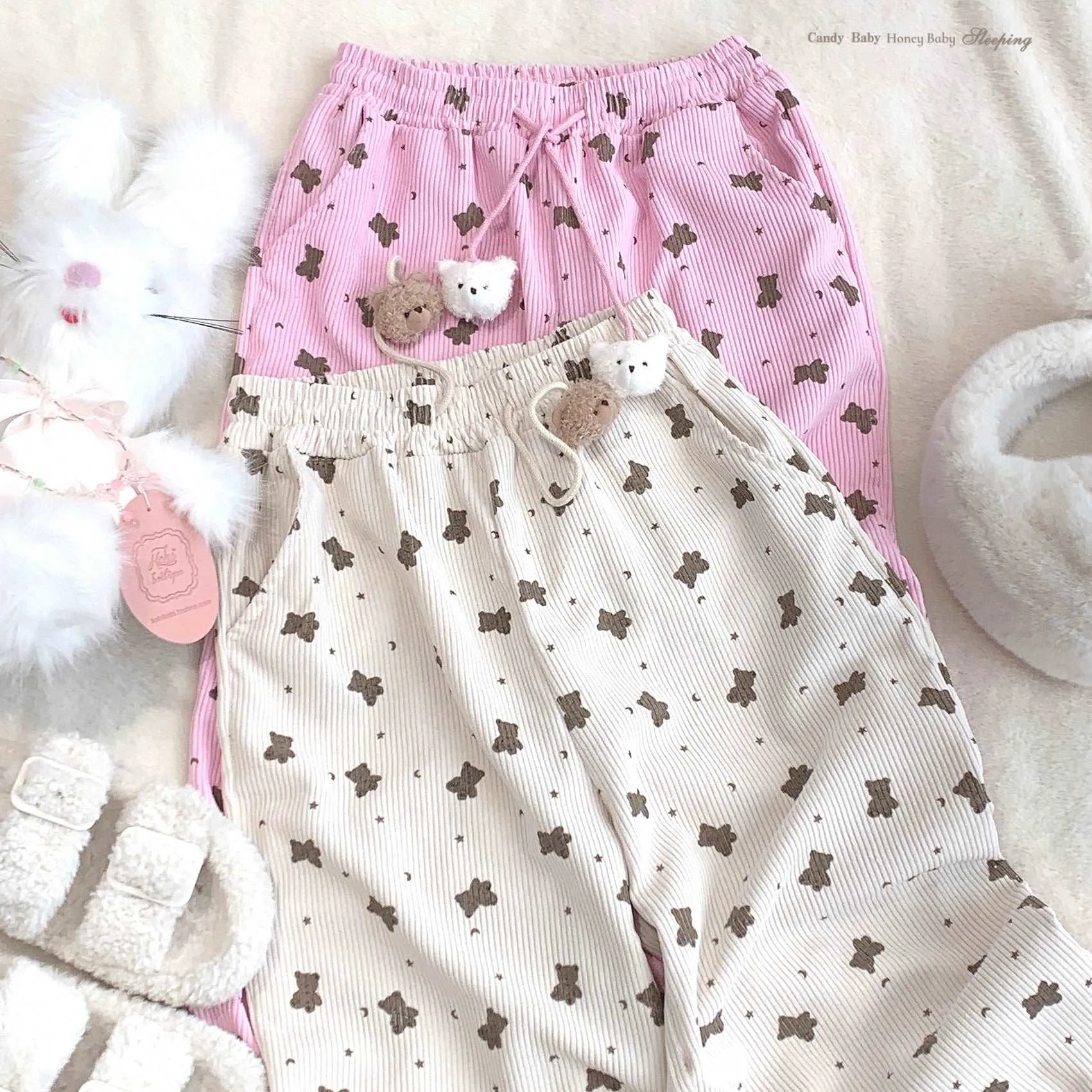 Dormir Doll Bear Cookie Print Corduroy Cream Pink Elastic Waist Pants