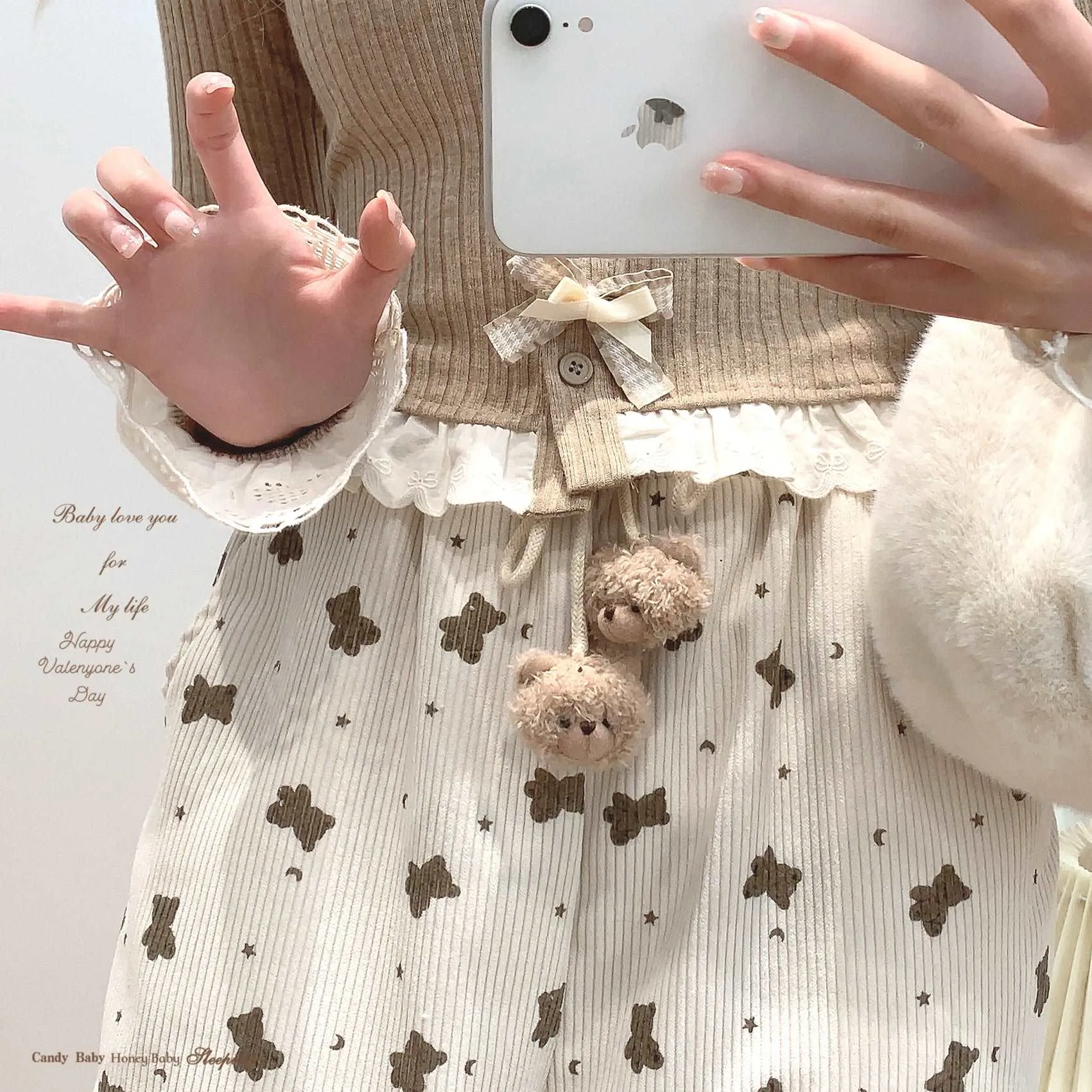 Dormir Doll Bear Cookie Print Corduroy Cream Pink Elastic Waist Pants