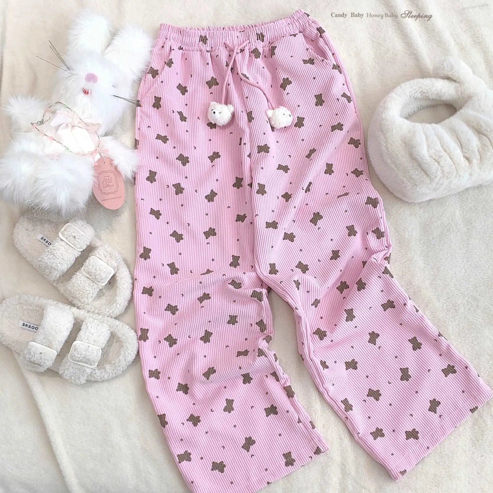 Dormir Doll Bear Cookie Print Corduroy Cream Pink Elastic Waist Pants