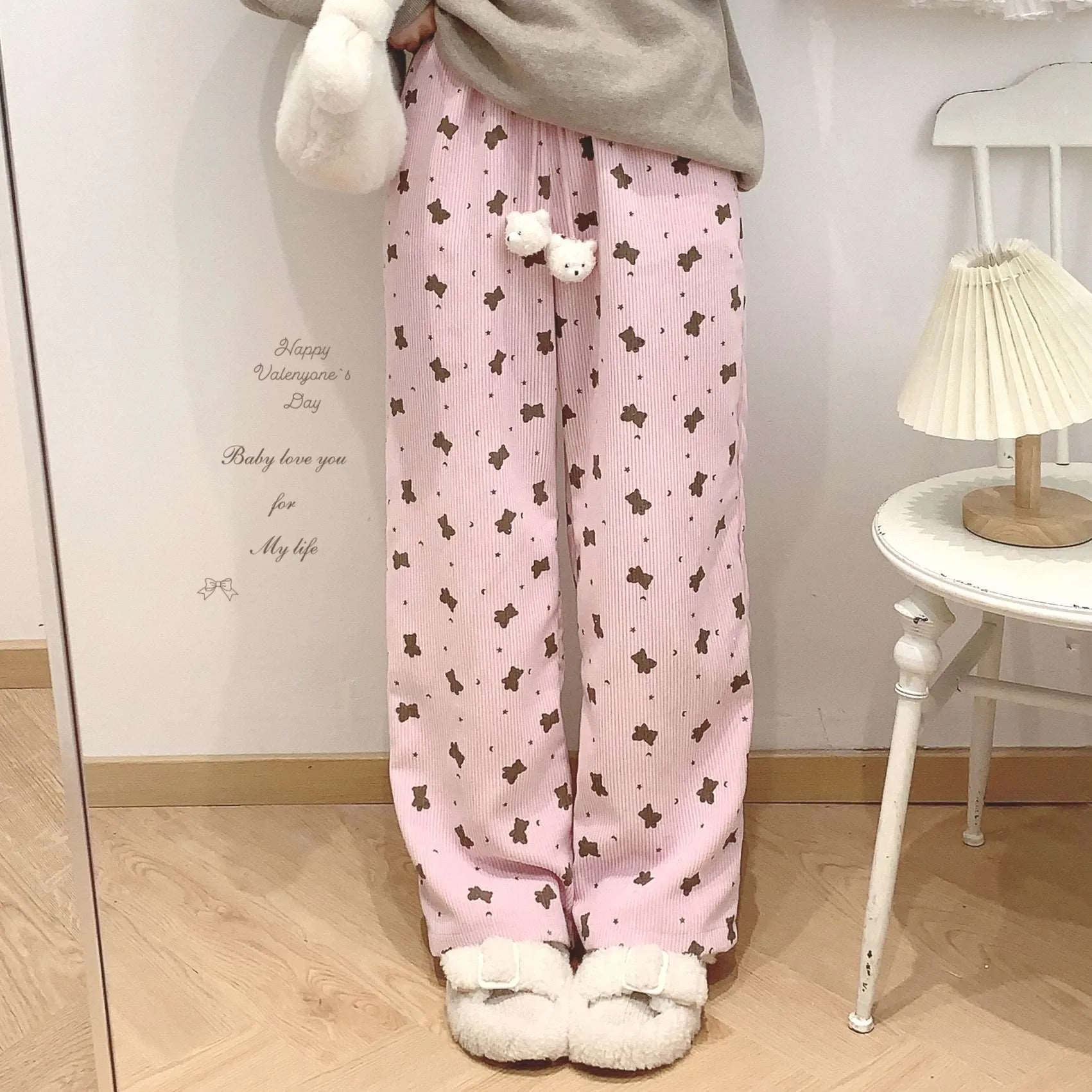 Dormir Doll Bear Cookie Print Corduroy Cream Pink Elastic Waist Pants