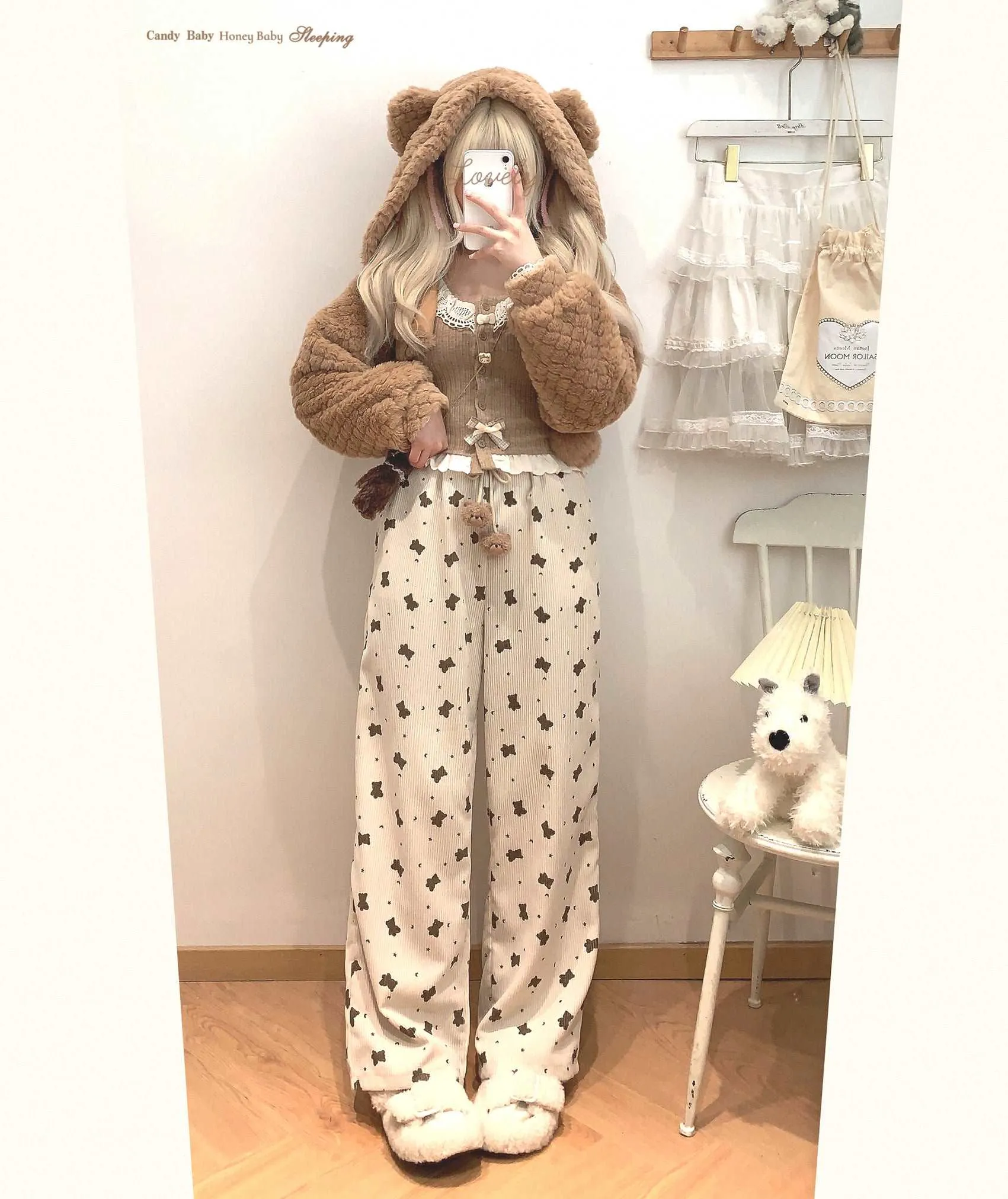 Dormir Doll Bear Cookie Print Corduroy Cream Pink Elastic Waist Pants