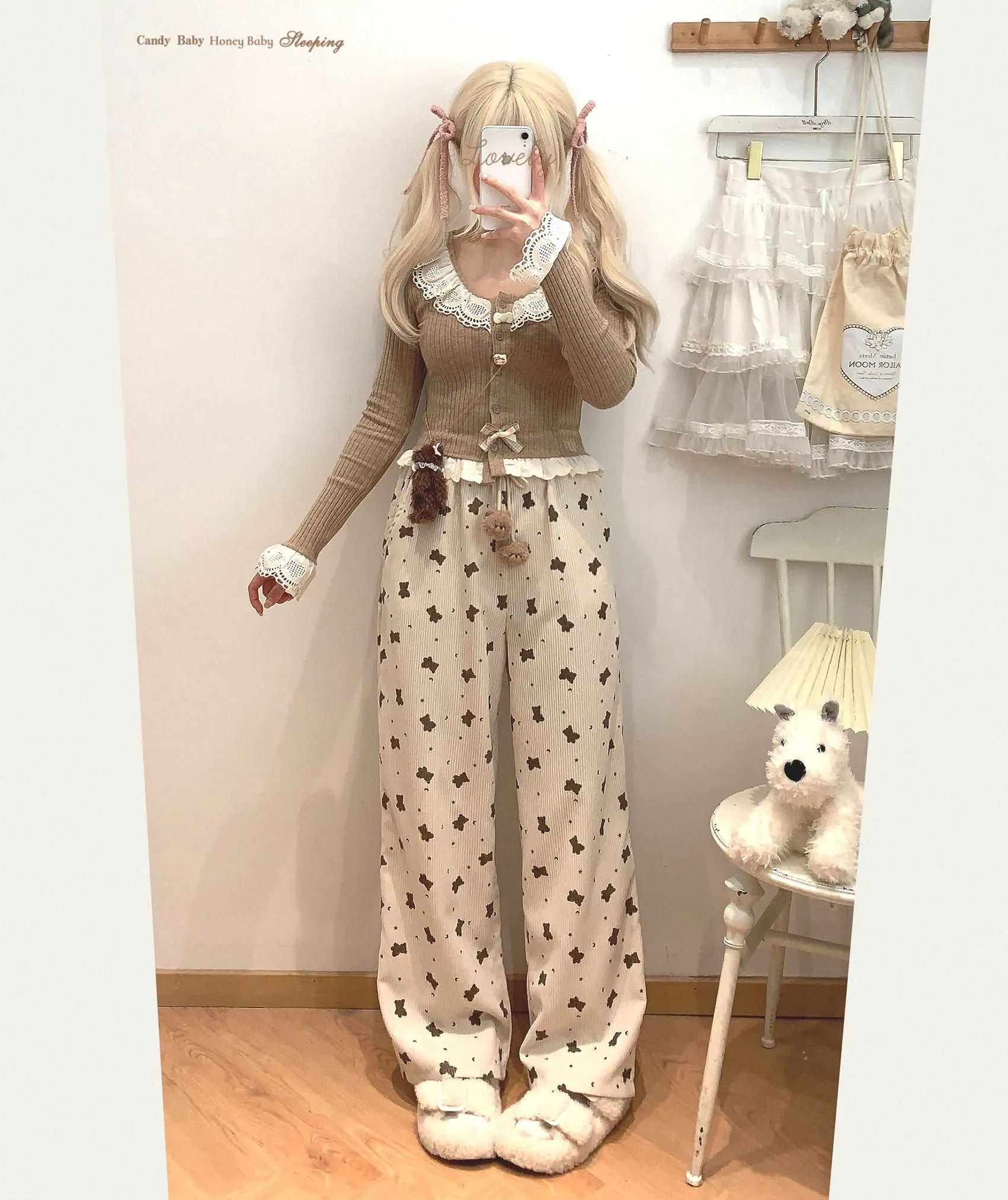 Dormir Doll Bear Cookie Print Corduroy Cream Pink Elastic Waist Pants