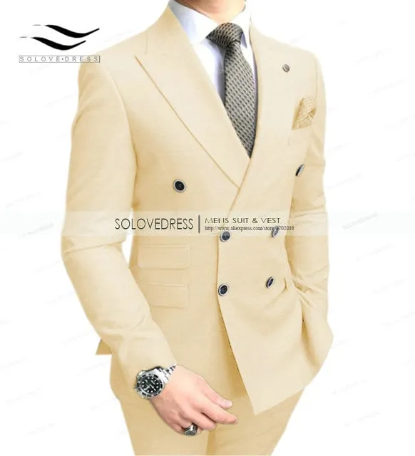 Double Breasted Peak Lapel Gentleman Grey Blazer Two Pieces Mens Suit with Pants Formal Silver Jacket For Wedding Groom Tuxedos