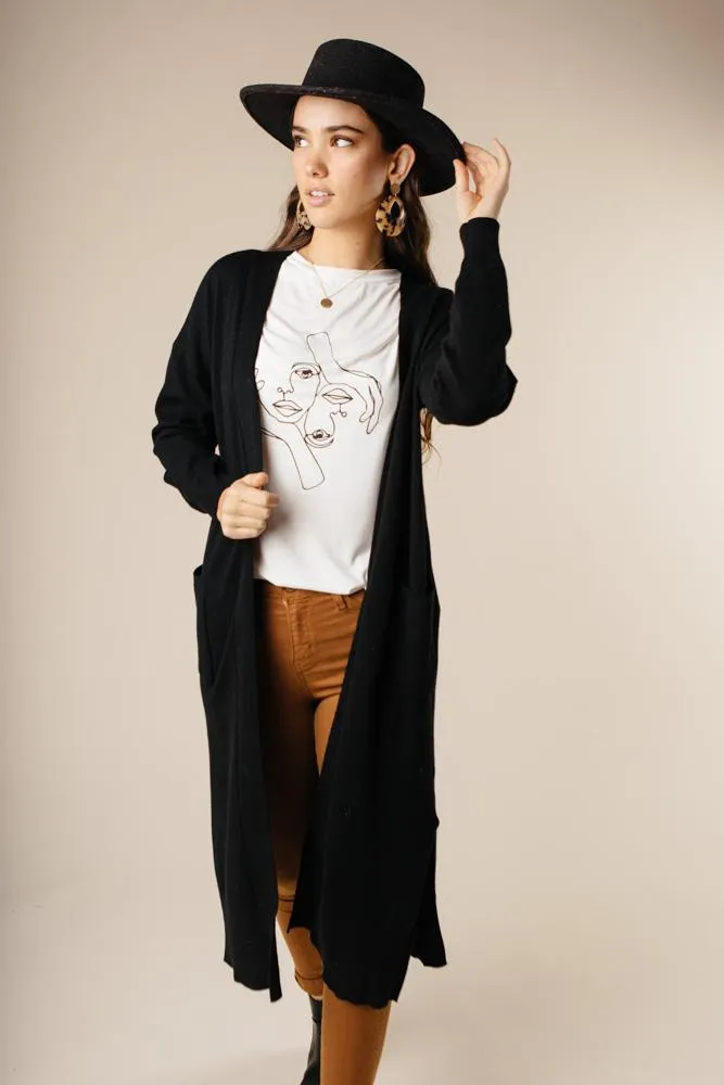 Duster Open Knit Cardigan in Black
