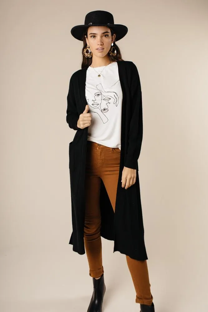 Duster Open Knit Cardigan in Black