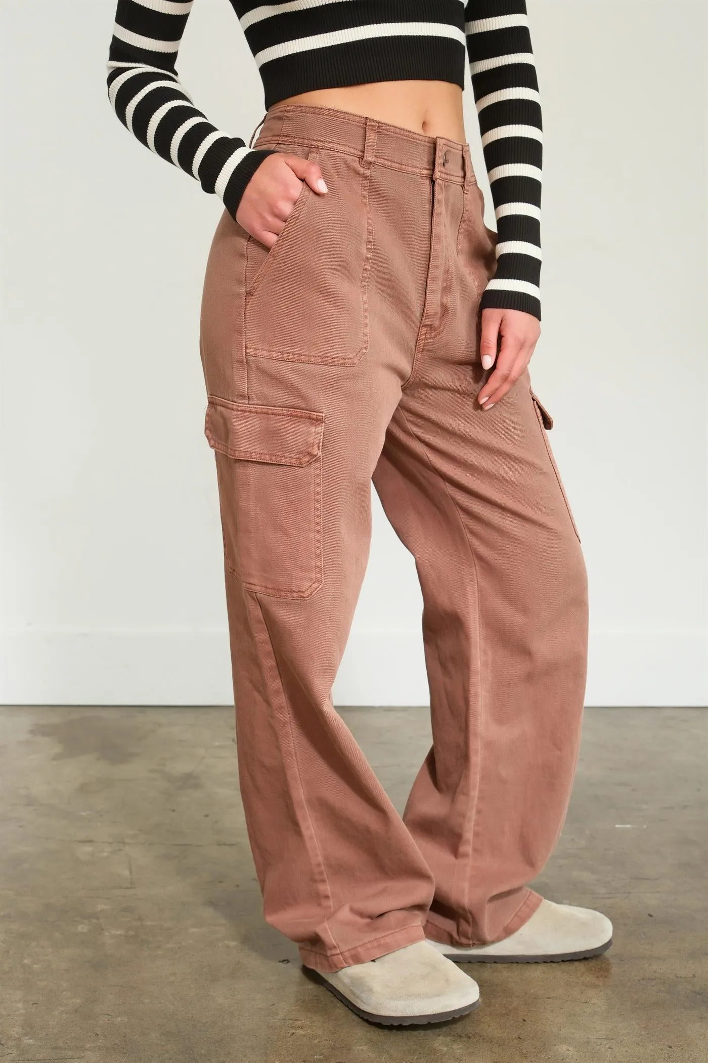 DZ23G026-HIGH WAIST WIDE LEG CARGO PANTS