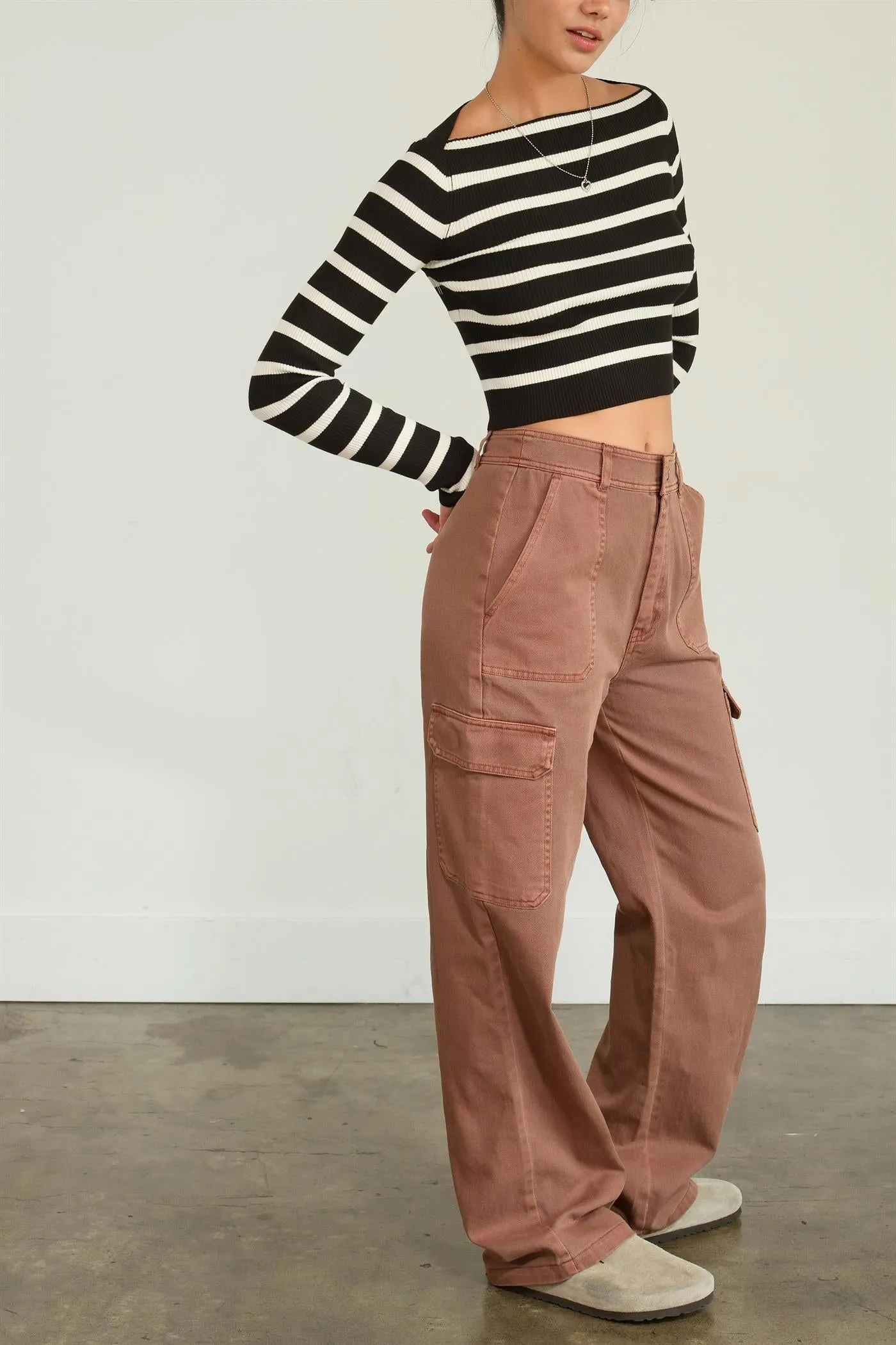 DZ23G026-HIGH WAIST WIDE LEG CARGO PANTS